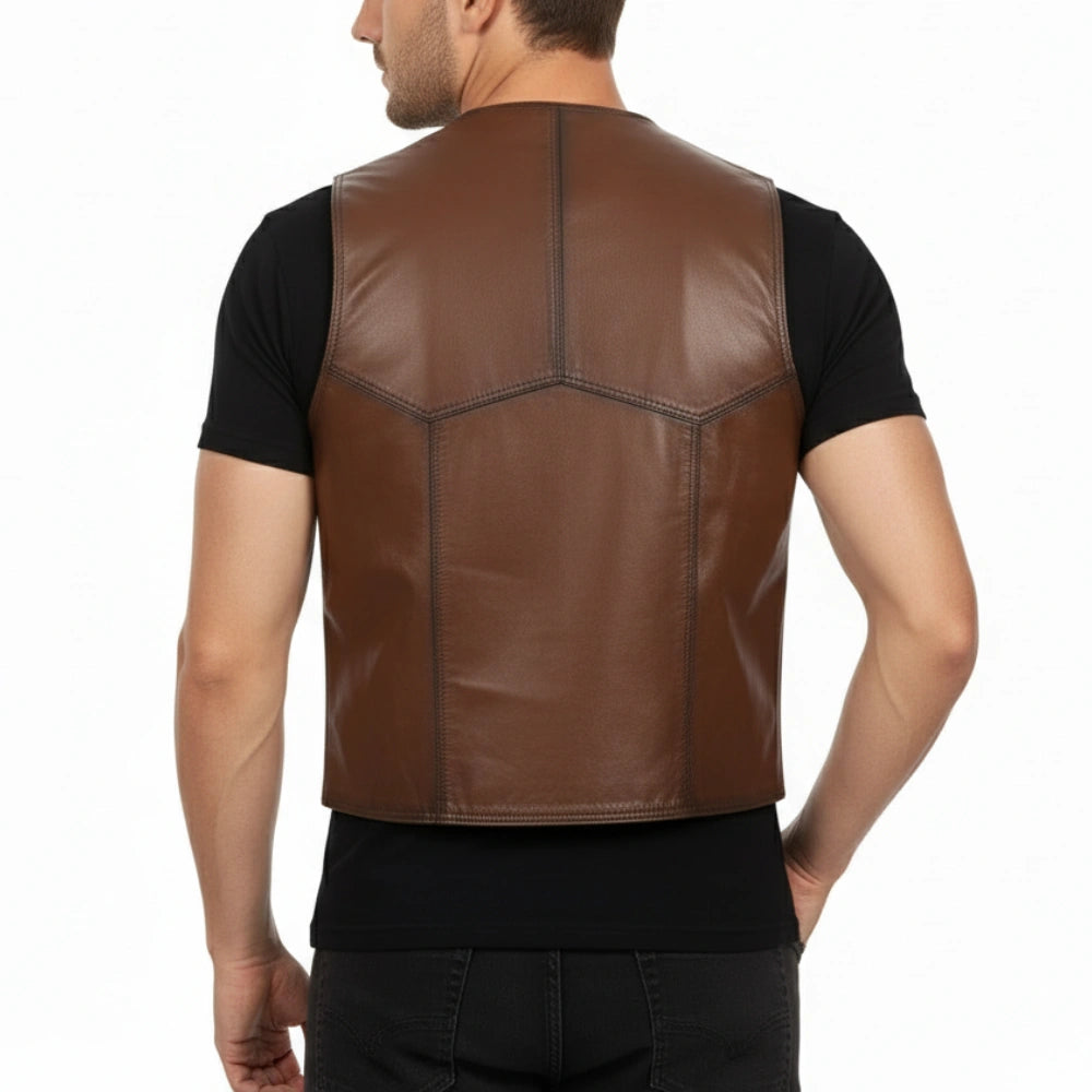 Mens Four Buttons Genuine Leather Brown Vest