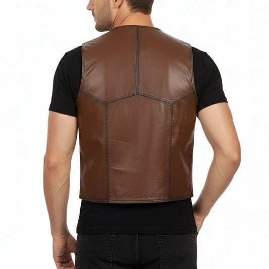 Mens Four Buttons Genuine Leather Brown Vest