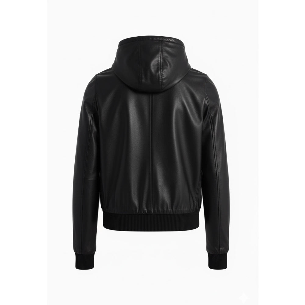Unisex Black Hooded Real Leather Bomber Jacket