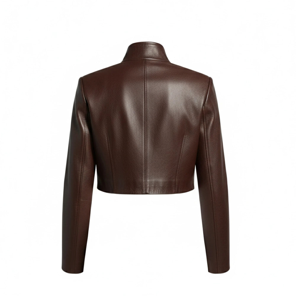 Women Brown Cropped Real Leather Jacket