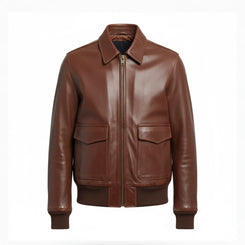 Mens Brown Flap Pockets Real Leather Bomber Jacket