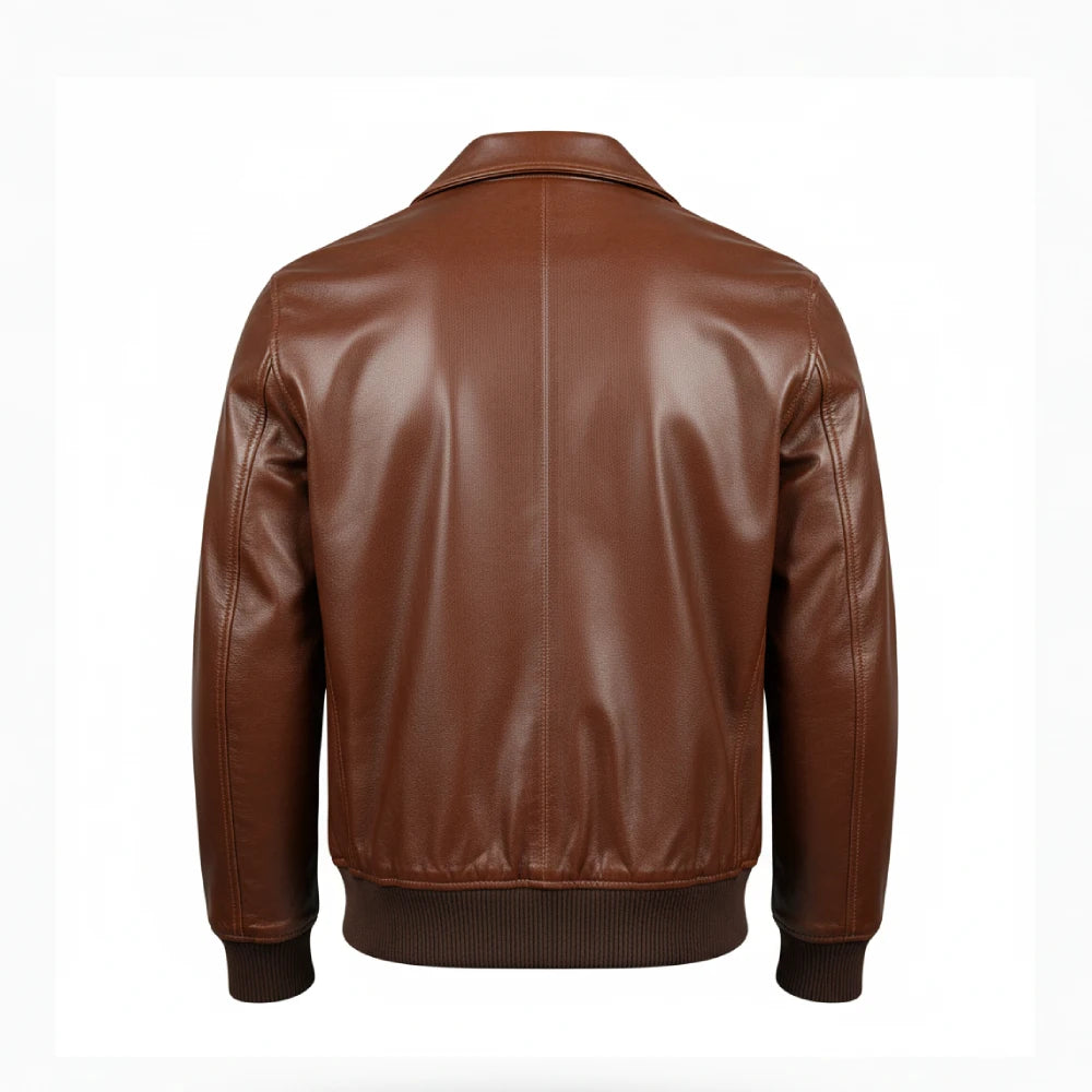 Mens Brown Flap Pockets Real Leather Bomber Jacket