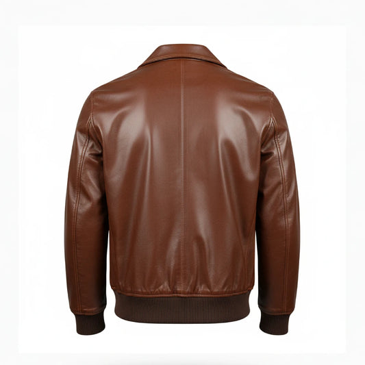 Mens Brown Flap Pockets Real Leather Bomber Jacket