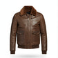 Mens Brown Fur Collar Genuine Leather Bomber Jacket