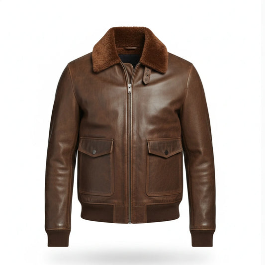 Mens Brown Fur Collar Genuine Leather Bomber Jacket