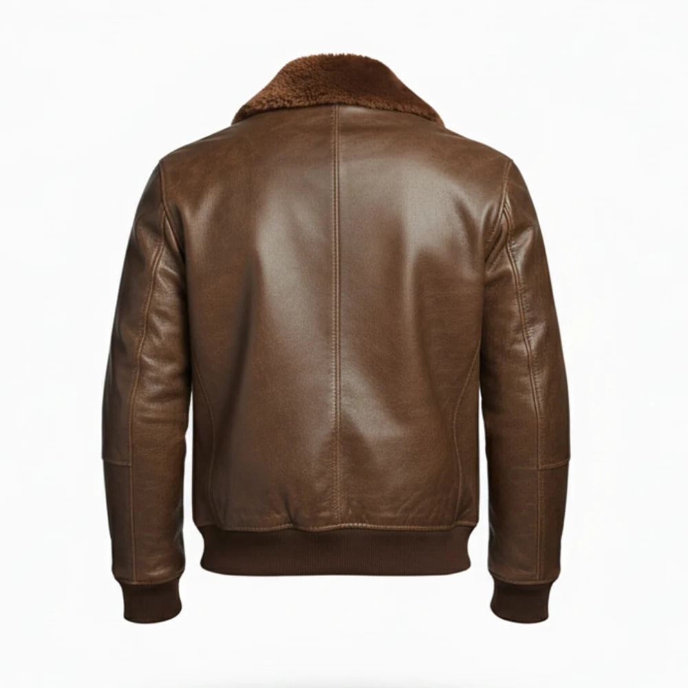 Mens Brown Fur Collar Genuine Leather Bomber Jacket