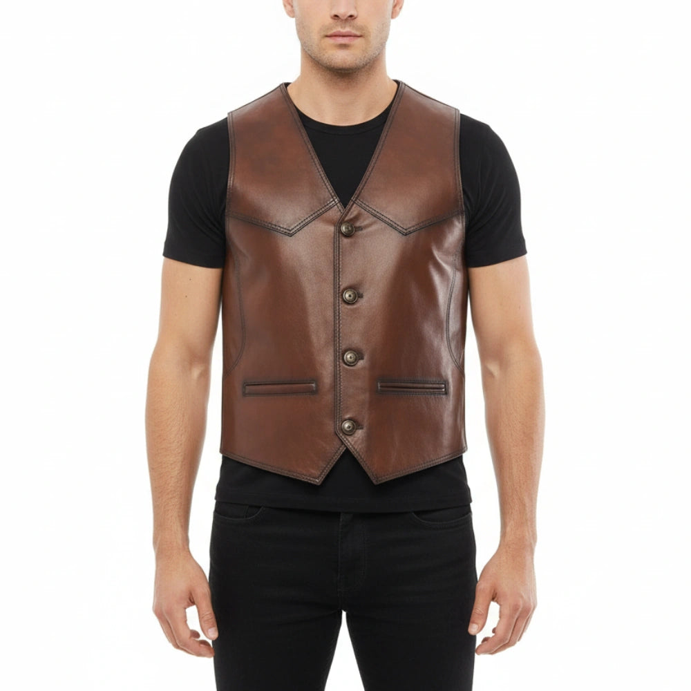 Mens Four Buttons Genuine Leather Brown Vest