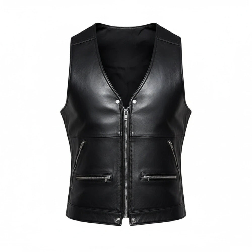 Mens Zip Pockets Black Real Leather Jacket
