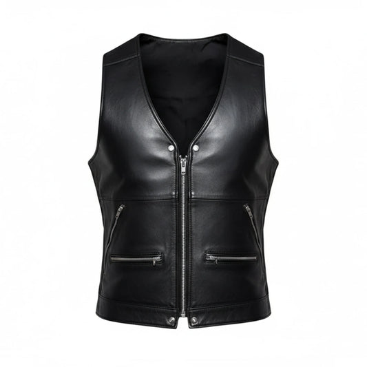 Mens Zip Pockets Black Real Leather Jacket