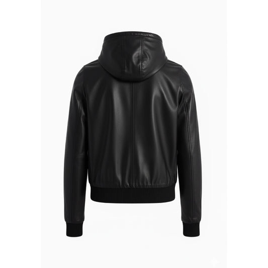Unisex Black Hooded Real Leather Bomber Jacket