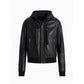Unisex Black Hooded Real Leather Bomber Jacket
