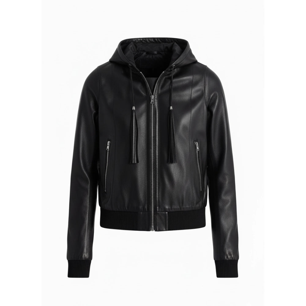 Unisex Black Hooded Real Leather Bomber Jacket