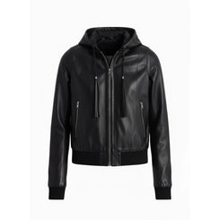 Unisex Black Hooded Real Leather Bomber Jacket