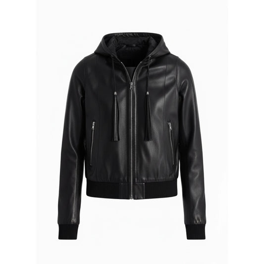 Unisex Black Hooded Real Leather Bomber Jacket