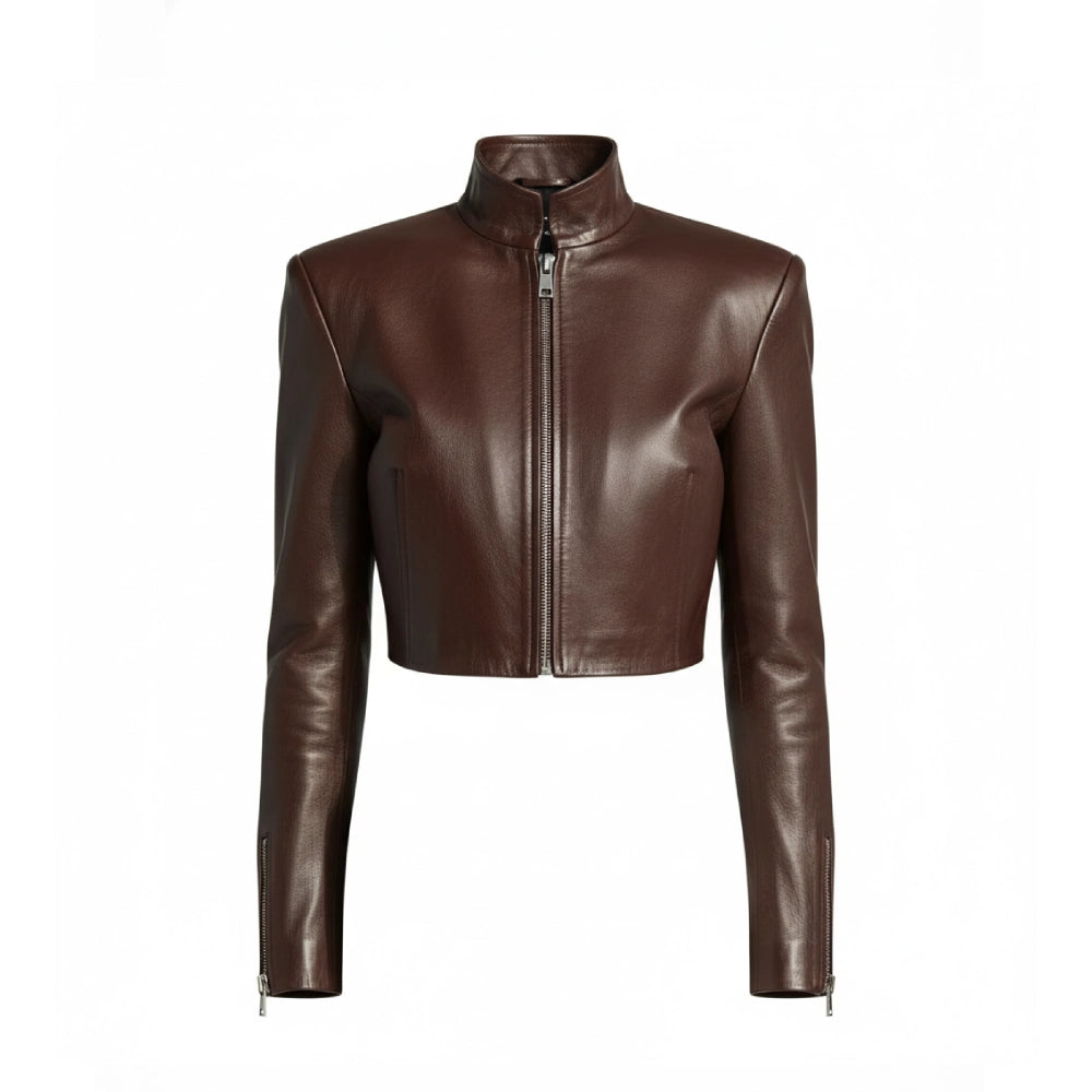 Women Brown Cropped Real Leather Jacket