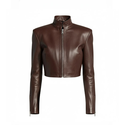Women Brown Cropped Real Leather Jacket