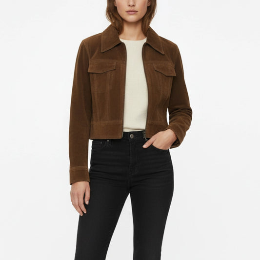 Women Brown Suede Leather Cropped Style Jacket