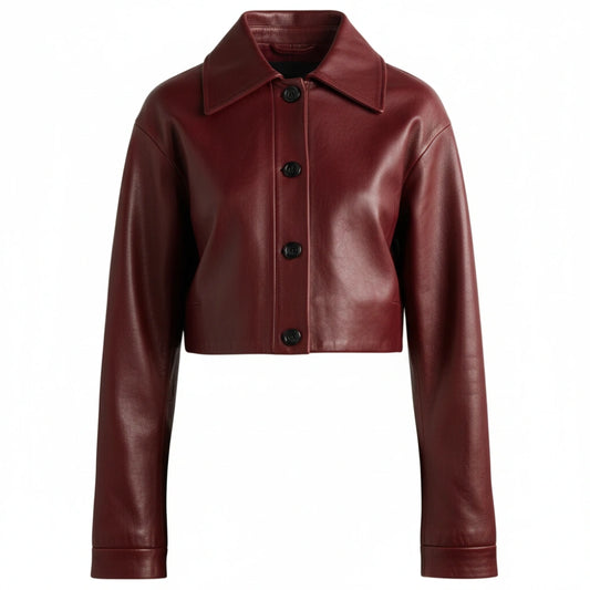 Women Red Shirt Collar Real Leather Cropped Jacket