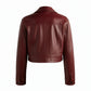 Women Red Shirt Collar Real Leather Cropped Jacket