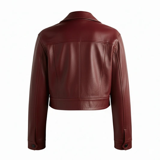 Women Red Shirt Collar Real Leather Cropped Jacket