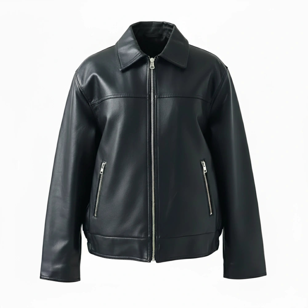 Womens Oversized Black Leather Shirt Collar Style Jacket