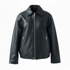 Womens Oversized Black Leather Shirt Collar Style Jacket