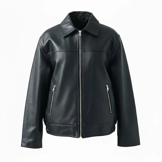 Womens Oversized Black Leather Shirt Collar Style Jacket